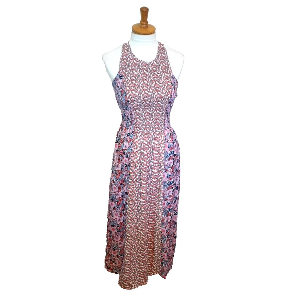 JAPNA Pink Floral Smocked Button Back MAXI SUNDRESS Size Medium